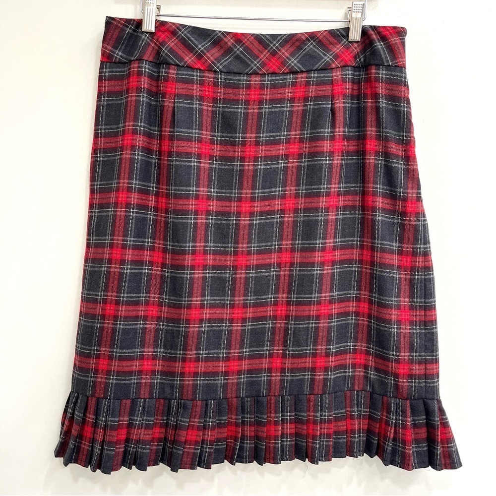 Vintage Pendleton red gray plaid 100% wool skirt pleated ruffle hem knee length